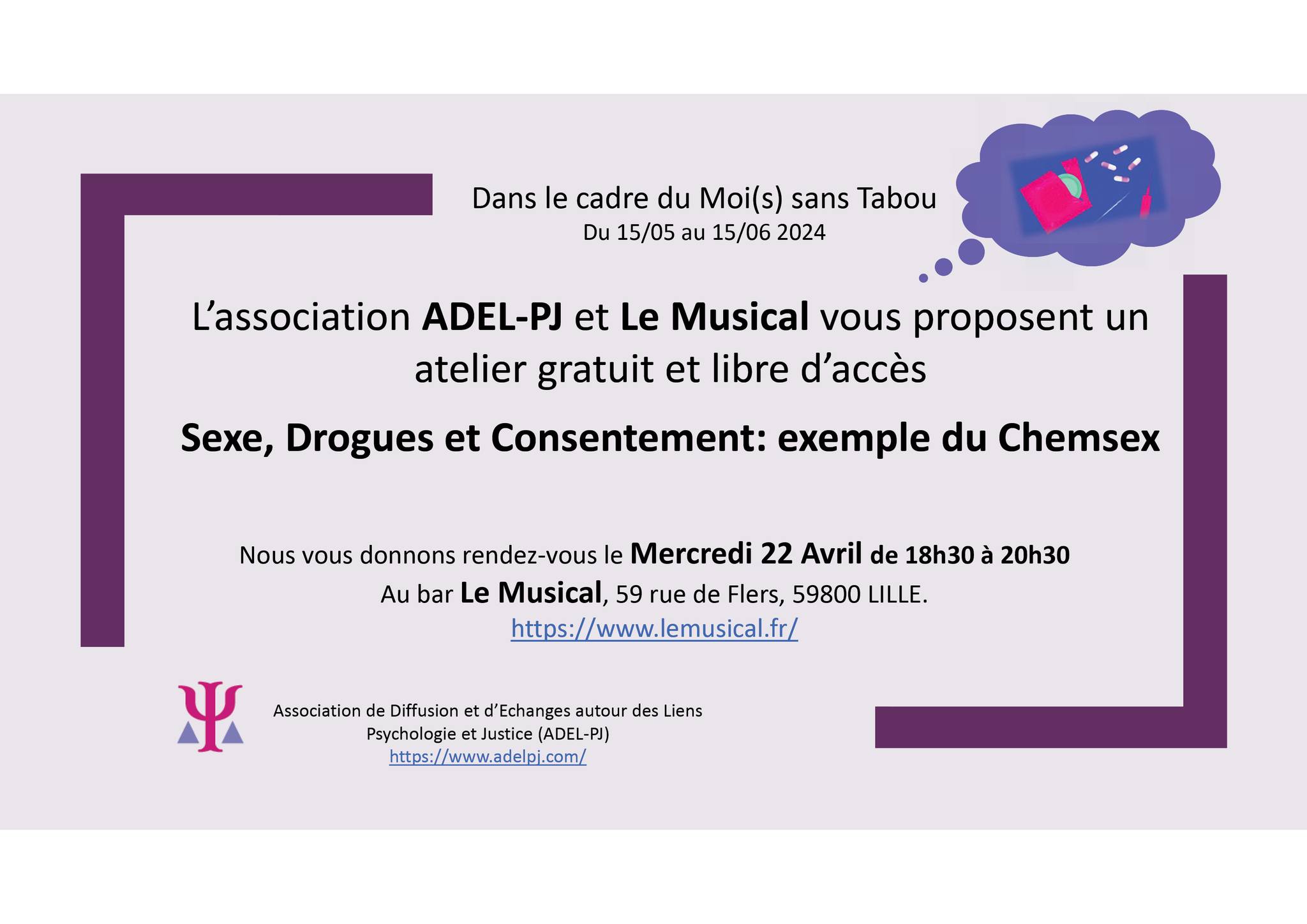 Moi(s) sans tabou / atelier « sexe, drogues et consentement - Soirées -  LillelaNuit.com